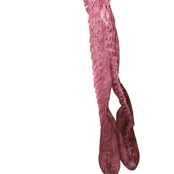 Burgundy Peep Toe Lace Up Over The Knee High Heel Boots Size 9 - Picture 7 of 7